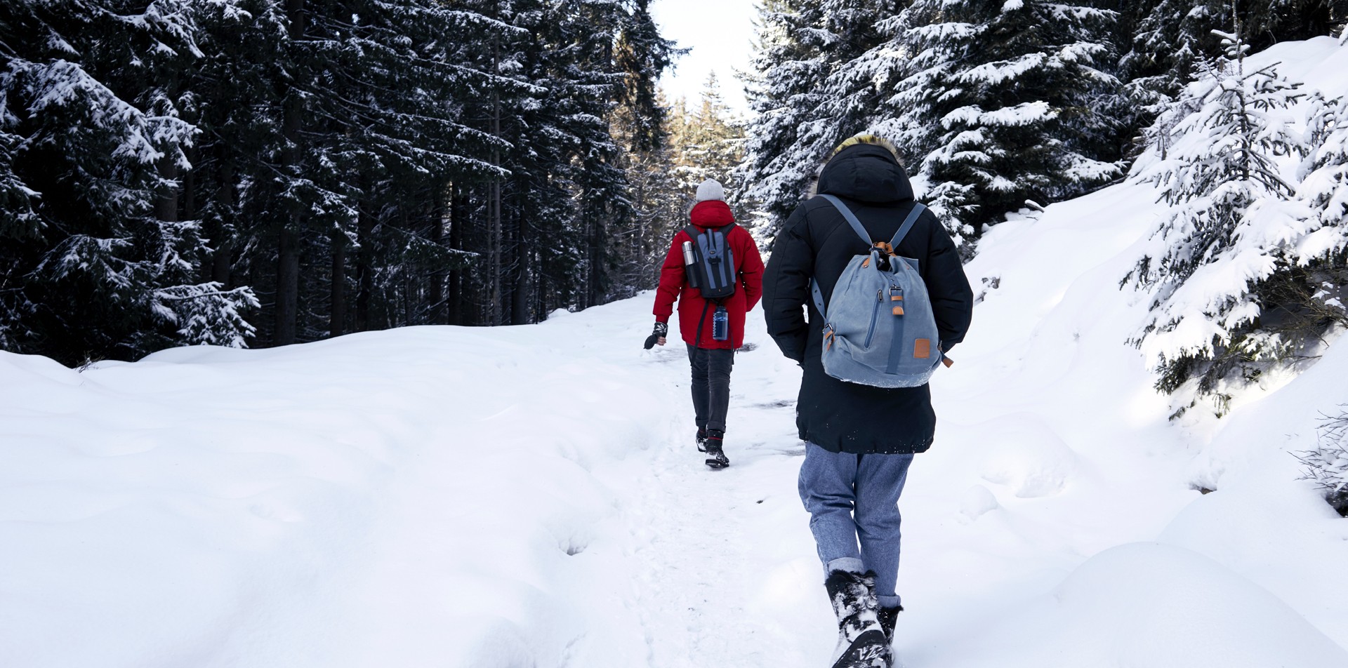 Zwei Menschen wandern durch eine Schneelandschaft im Wald